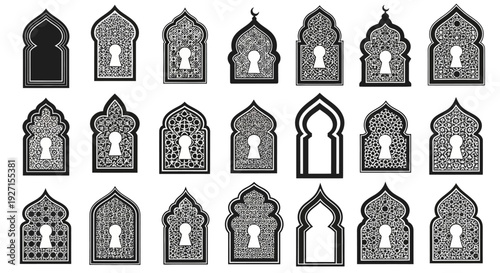 Collection of Islamic Archways with Geometric Patterns and Keyhole Motifs