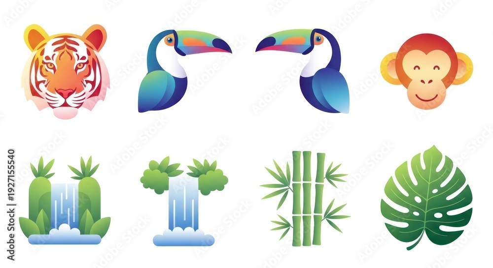 Obraz premium Colorful wildlife and nature elements tiger toucan monkey waterfalls bamboo leaf