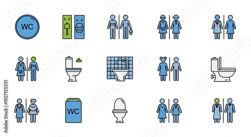 Collection of modern toilet icons for men, women, and unisex restrooms, accessibility symbols