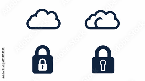 Four icons two cloud shapes and two padlocks against a plain white background