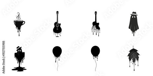 Black melting objects set including steaming coffee mug acoustic guitar ghost with hat balloons and autumn leaf with liquid drips for seasonal design layout