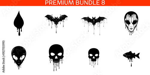 Premium bundle of dripping black silhouettes featuring drop bats alien heads human skull and fish icons for dark edgy graphic design and streetwear prints