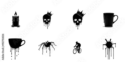 Various dark dripping vector symbols and icons including a candle, crowned skulls, a cup, a spider, a cyclist, and an inkblot, all in a stylized grunge aesthetic for diverse usage