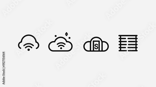 Four black and white line art icons depicting cloud computing, wifi, and data transfer elements