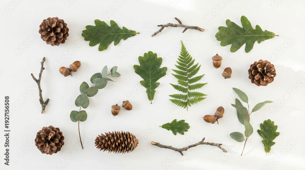Fototapeta premium Minimalist Forest Elements Flat Lay on White Background. Clean overhead arrangement of pine cones, green leaves, acorns and small twigs on pristine white surface with soft shadows