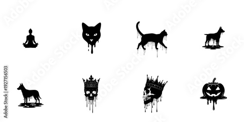 Black silhouette of cat playing with yarn ball, melting effect, gothic art, cute spooky design