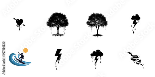 A series of dark dripping vector graphics featuring a heart with an arrow, two trees, lightning clouds, a surfer, a single lightning bolt, and a snake, suitable for various design applications
