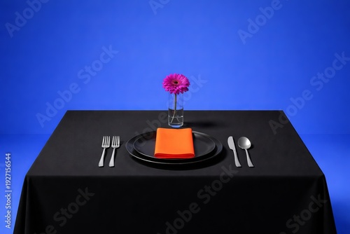 Wallpaper Mural Black Table With Orange Napkin And Flower, Blue Backdrop, Single Pink Bloom In Slender Vase, Black Plate, Minimalist Mood, Studio Spotlight, Refined Contemporary Styling Torontodigital.ca