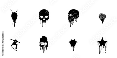 Melting black crescent moon with star, gothic style, dark fantasy art, isolated vector graphic