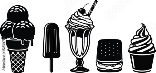 A collection of black silhouette ice cream popsicle milkshake burger and soft serve desserts on transparent background high quality professional detailed