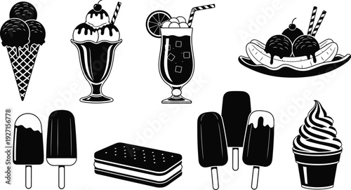 A collection of black and white ice cream treats and desserts presented in a stylish silhouette on transparent background high quality