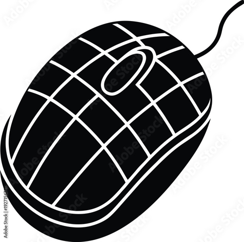A black computer mouse with a white grid design