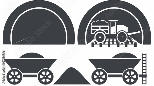 A grayscale illustration of a mining scene, including an ore train, carts, and a pile of ore