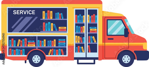 A colorful mobile library van filled with books depicted in a flat vector style on transparent background silhouette high quality professional