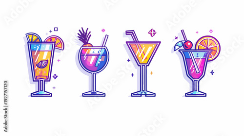 Four stylized cocktails with vibrant colors and fruit garnishes on a white background