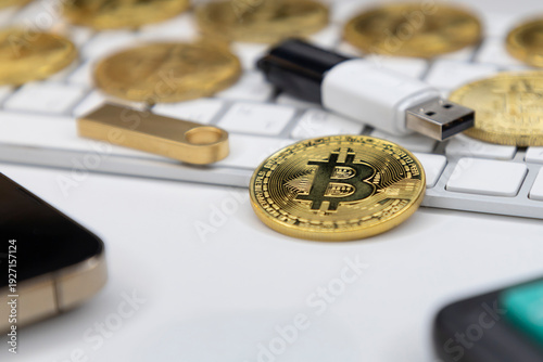 Bitcoin stack and smartphone, crypto wallet. digital currency storage