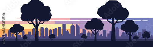 A serene cityscape and forest silhouette against a gradient sunset ideal for design projects on transparent background high quality professional detailed