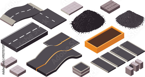 Isometric 3D road construction kit, curved asphalt segments, gravel piles, concrete tiles, urban infrastructure design elements set