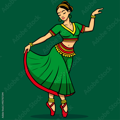 A colorful cartoon depiction of a traditional Indian dancer gracefully performing on pointe shoes, set against a dark green background