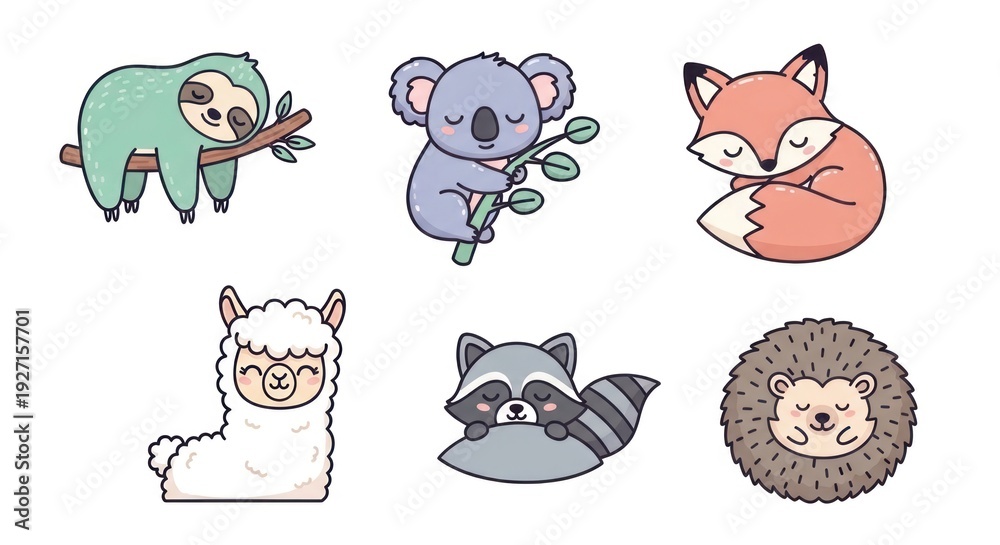 Obraz premium Cartoon animals collection sloth koala fox llama raccoon and hedgehog