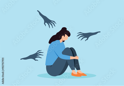 Flat illustration of depressed woman sit alone with abusive shadowy hand symbolizing harassment and fear