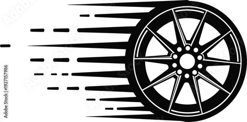Black car wheel alloy rim silhouette with motion blur speed lines vector illustration for automotive racing tire service transportation and high performance driving concept.