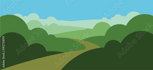 A stylized landscape illustration depicts rolling hills trees and a winding path ideal for design projects on transparent background silhouette