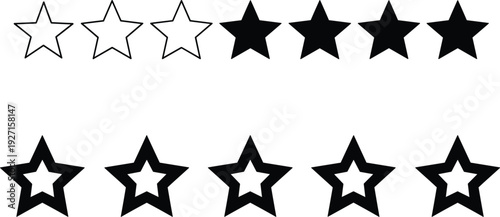 Black star icon set with solid outline and half filled shapes for customer rating review feedback ranking system and quality excellence evaluation vector illustration.