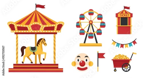 Colorful carnival illustrations featuring carousel ferris wheel and ticket booth