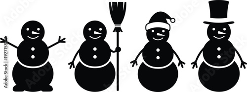 Black snowman silhouette vector icon set featuring winter characters with broom Santa hat and top hat for Christmas holiday greeting cards and seasonal celebration design.
