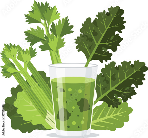 A vibrant illustration of celery kale and a green smoothie in a glass ideal for health concepts on transparent background silhouette