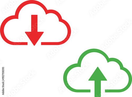 Cloud computing icons with download and upload arrows for data storage networking web hosting and information technology services vector illustration isolated on white.