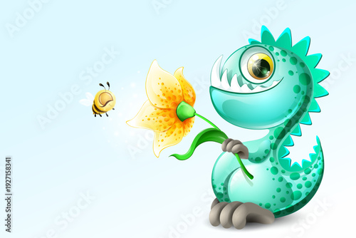 Dinosaur with flower and bee