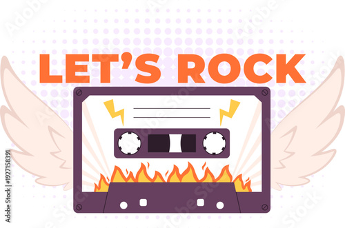 Lets rock badge. Music tape. Retro audio cassette