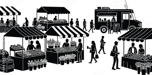 A bustling outdoor farmers market scene with vendors shoppers and food trucks presented as a silhouette on transparent background high quality