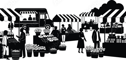 A bustling farmers market scene with vendors shoppers and produce depicted in a striking black silhouette on transparent background high quality