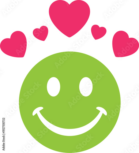 Green smiley face icon with pink hearts vector illustration for positive emotions customer satisfaction romantic dating apps social media engagement and happiness concept.