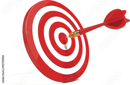 Red and white bullseye target with dart hitting the center for business success goal achievement marketing strategy performance and victory concept.