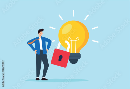 Flat illustration of businessman stand beside locked bright lightbulb symbolizing intellectual property protection