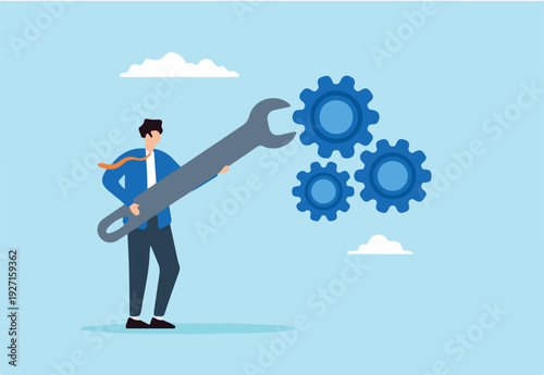Flat illustration businessman hold wrench to adjust cogwheel symbolizing optimization for business improvement