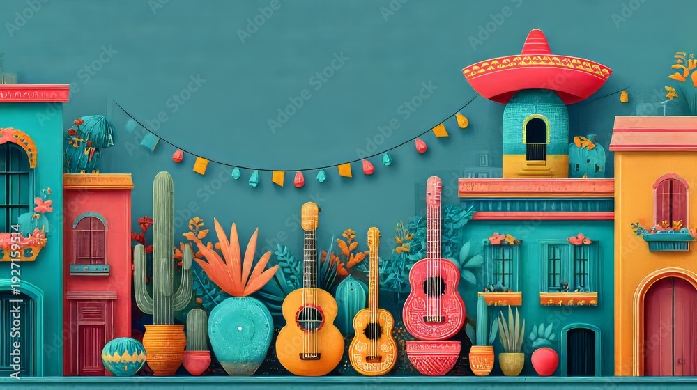 Naklejka premium Vibrant 2D Illustration of a Lively Street Parade with Colorful Decorations