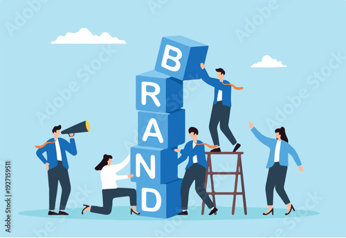 Business team build word BRAND using blocks. Concept of brand awareness, strategies to promoting products and sales, marketing, and advertising to enhance company reputation