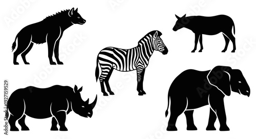 African Wildlife Silhouettes Collection: Hyena, Zebra, Rhino, Elephant, and Wild Ass