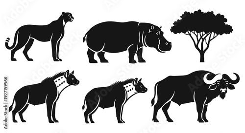 African Wildlife Silhouettes Collection: Safari Animals and Acacia Tree Icons