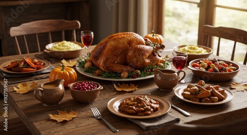 Traditional Thanksgiving Feast Served on Wooden Table