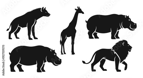 African Wildlife Silhouettes Collection: Lion, Giraffe, Hippos, and Hyena Icons