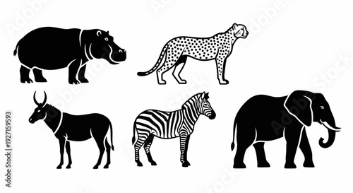 African Wildlife Silhouettes: Elephant, Zebra, Cheetah, Hippo, and Antelope Vector Collection