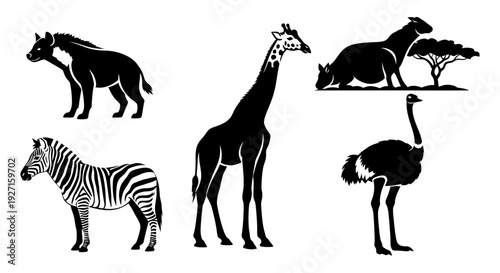 African Wildlife Silhouettes Vector Set: Giraffe, Zebra, Hyena, Ostrich, and Wildebeest