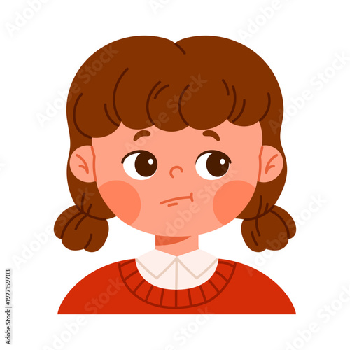 Сute girl character showing uncertainty, hesitation or thinking mood. Emotional facial expression concept. Сhild avatar with positive emotion. Isolated vector illustration in cartoon style