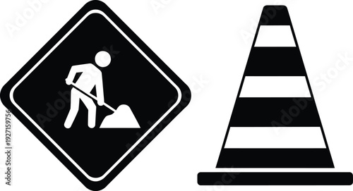 A black road work sign and traffic cone illustration featuring a worker digging on transparent background silhouette high quality professional detailed